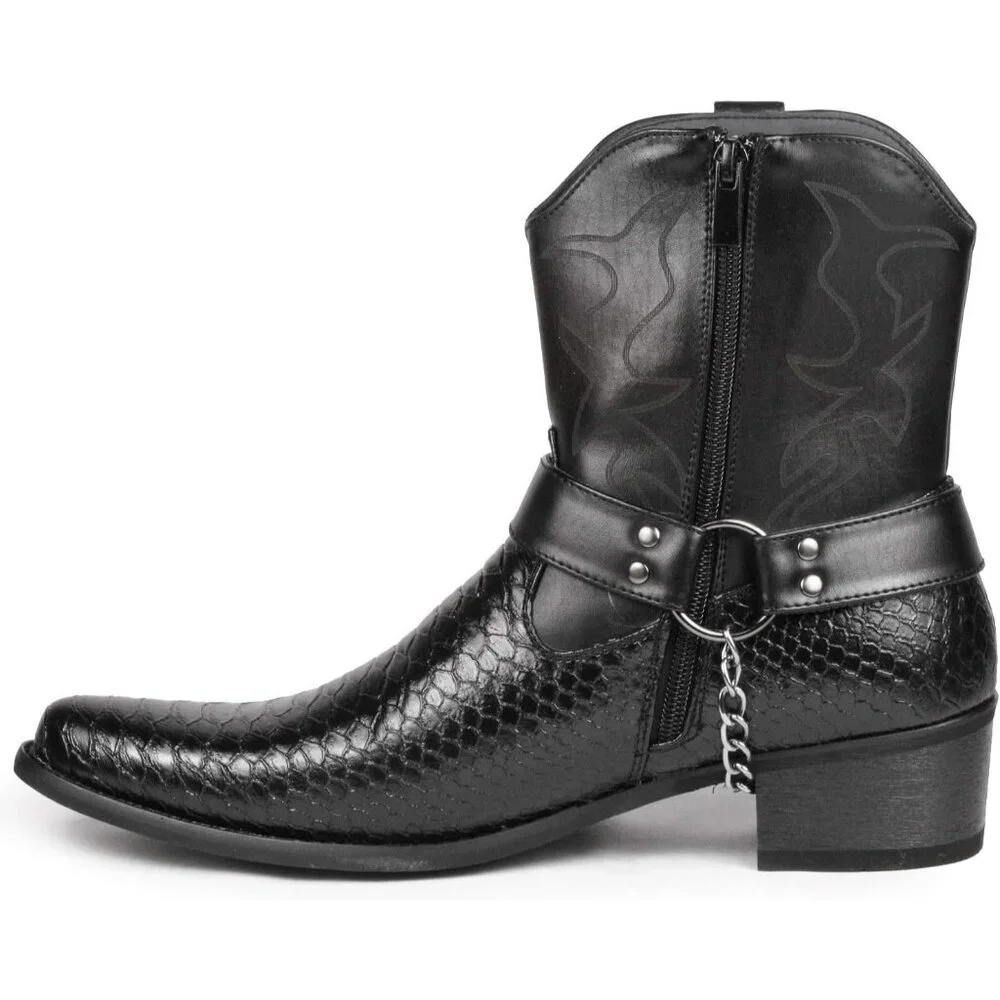Men's Black Belt Buckle Chain Strap Western Cowboy Boot
